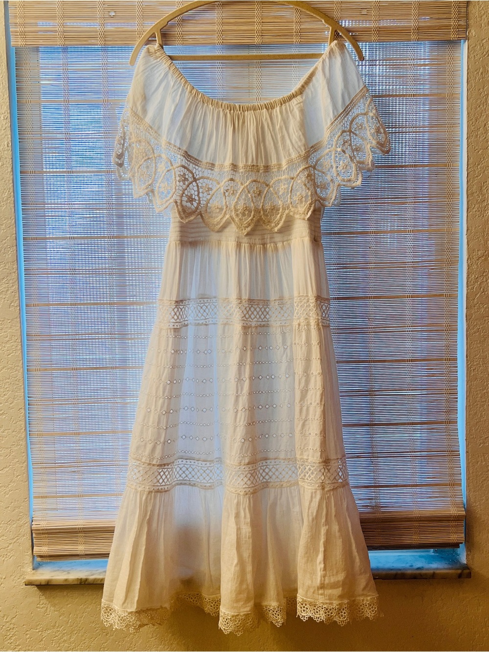 Women's White Eyelet Midi Dress with Lace Trim - perfect for Greece
